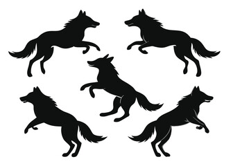 Five black wolf silhouettes in action illustrating movement and wild animal grace.