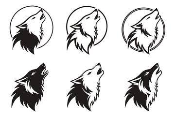 Obraz premium Set of six stylized wolf head illustrations with howling design elements in black and white
