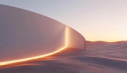 3D render, abstract background with a white curved wall and glowing light in the desert. A minimalistic concept for the presentation of architectural design. 