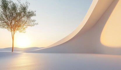 3D render, abstract background with a white curved wall and glowing light in the desert. A minimalistic concept for the presentation of architectural design. 