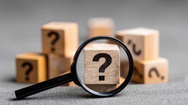Premium image of identifying and understanding issues through root cause analysis using a magnifying glass on wooden cubes with question marks on a grey background.