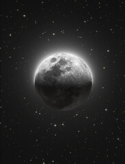 HDR moon, composite of a crescent moon: bright upper crescent, dark lower half subtly with Da Vinci glow; glowing halo and starry background compose a surreal lunar scene