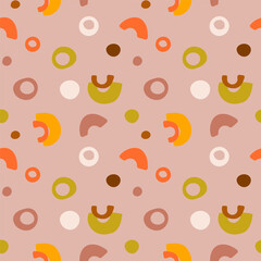 Playful abstract seamless pattern with colorful shapes. Fun design for kids textile, fabric, wallpaper, wrapping paper, and digital use