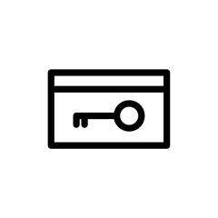 A simple black outline icon of a key within a card, likely representing digital access, keyless entry, or a modern security credential.