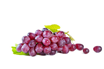 Bunch of purple juicy grapes with leaf isolated on white background.