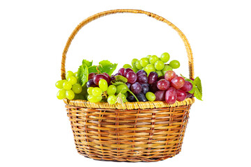Bunches of green and red juicy grapes with leaves in a basket. Isolated on white.
