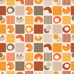 Colorful abstract geometric sramless pattern with retro shapes in warm tones. Design for textile, wallpaper, fabric, wrapping paper, digital design, and backgrounds