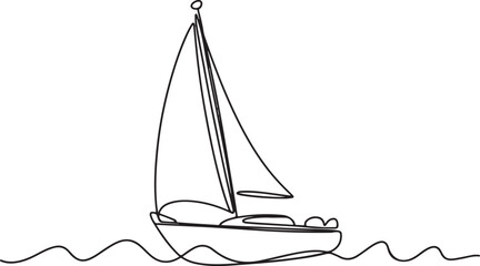 Fototapeta premium continuous line drawing of a sailboat with a single sail floating on gentle waves in black and white silhouette style