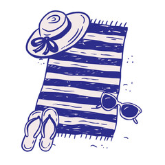 Beach Towel Flip Flops, Sunglasses Summer Sketch Whimsical Doodle Illustration
