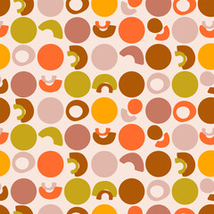 Colorful abstract pattern with circles and arches in warm earthy tones. Seamless modern design for fabric, wallpaper, or wrapping paper