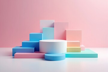 Obraz premium Pastel Geometric Shapes Product Display Podium Platform for Product Presentation and Advertisement