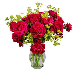 Isolated bouqet with red roses and alchemilla