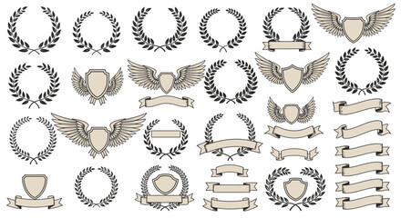 Fototapeta premium Collection of Laurel Wreaths, Winged Shields, and Banners Vector Illustrations