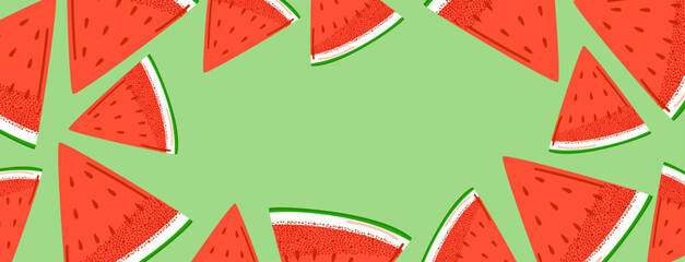 Watermelon slice summer background on green backdrop with copy space for text. Banner, poster, flyer, and summer-themed design