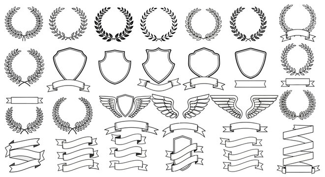 Collection of Laurel Wreaths, Shields, and Ribbons Vector Graphics