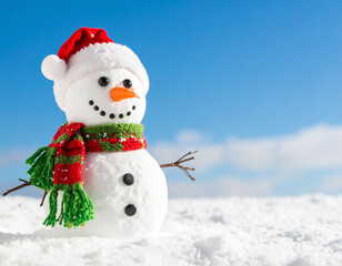A snowman with a Santa hat smiles warmly in the snow. The red and green scarf gives a festive Christmas touch.