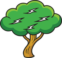 Cartoon Green Tree Brown Trunk Lightning Bolts White Background Simple Illustration