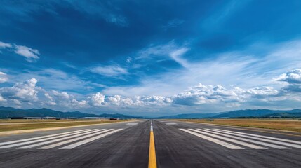 Premium image of wide view of an empty airport runway under a blue sky with clouds, ready for takeoff or landing in clear weather conditions.