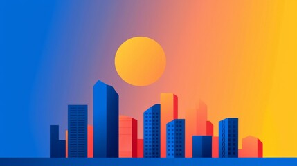 Digital artwork of a city skyline at sunset with colorful, geometric buildings and a large orange sun in a gradient purple and orange sky.