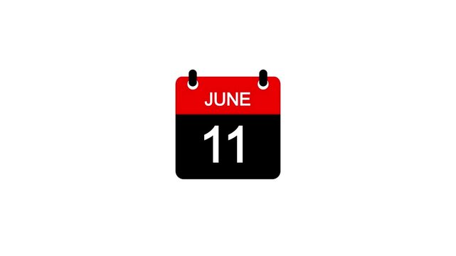 June 11 Daily Calendar icon animation on transparent background. Calendar with the date June 11
 on a white background.