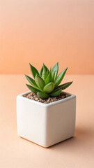 Close up of a small echeveria succulent plant in a white square ceramic pot