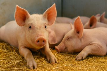 Cute piglets resting on straw bedding.
Close-up of adorable piglets lying on straw in a barn, one piglet alert while others sleep peacefully.
