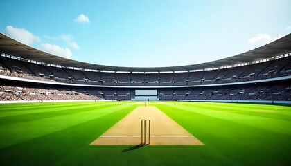 Cricket stadium with wicket and green field. Professional sport arena full of spectators, spectators watching game. Competition, sport, recreation, entertainment background.,created with generative ai