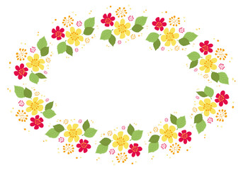Oval frame of bright flowers and leaves with space for copying. Vector background in flat style. Natural summer ornament red, yellow, green color. Simple elements and shapes. Postcard design