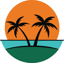 Two Black Palm Trees on Green Island Orange Sunset Teal Ocean Scene vector