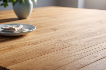 Close up view of a wooden table surface with a plate and a vase