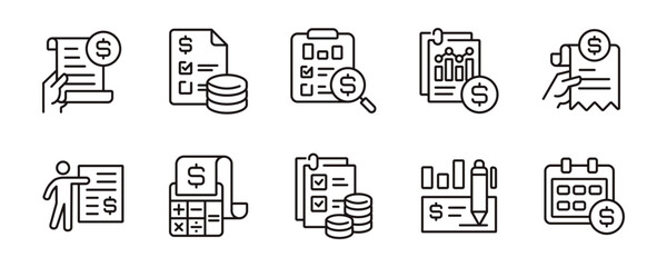 simple business accounting financial budget target management icon line set finance money economy strategy monthly profit evaluation invoice report vector outline illustration
