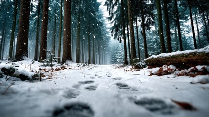 Quiet forest with snow gently falling, footprints just forming in the dusting, tree bark crisp and textures beautifully rendered
