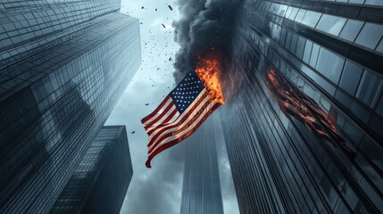Disturbing image of American flag engulfed in flames amidst towering skyscrapers