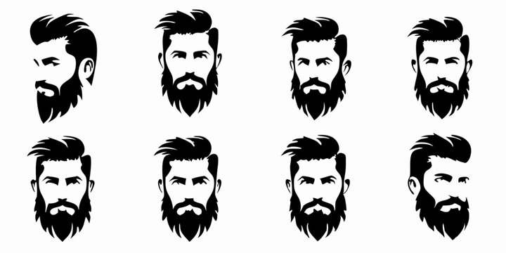 Collection of eight different black and white beard styles and haircuts for men on a white background created with generated ai