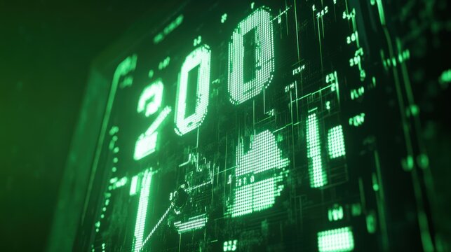 Digital countdown timer with glowing green led numbers and intricate circuit designs