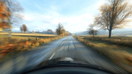 Fototapeta premium Driving on a rural road surrounded by autumn trees in motion blur landscape