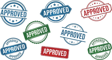 Obraz premium A collection of eight approved stamps in various colors and shapes on a white background surface view