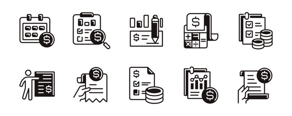 finance money accounting icon line set business monthly budget strategy management revenue target calculate analysis outline signs vector economy financial savings report symbol illustration