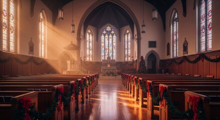 Gothic Cathedral Interior Adorned with Christmas Decorations and Warm Golden Sunlight