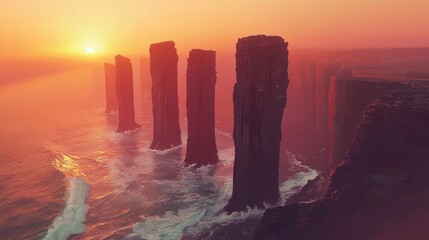 Orange Sky Over Majestic Basalt Columns