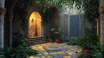 Fototapeta premium Enchanting courtyard with stone architecture, lush greenery, and serene ambience