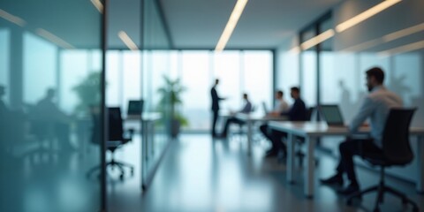 Blurred IT Team Working at Desks Behind Glass Partition