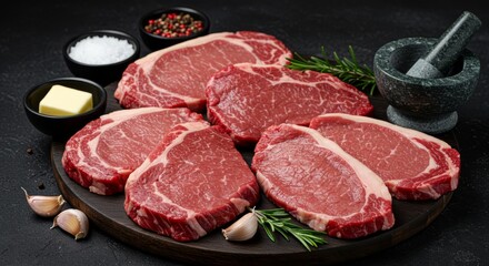 Premium Raw Ribeye Steaks with Fresh Herbs and Seasonings on Dark Slate Surface