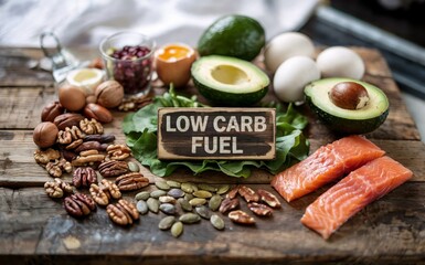 Ketogenic Diet Essentials Arranged on Rustic Wooden Board with Low Carb Fuel Sign