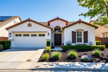 Beautiful suburban home with landscaped yard and solar panels