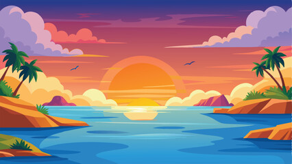 Tropical Paradise Cartoon Sunset Island Landscape with Palm Trees, Ocean, and Birds