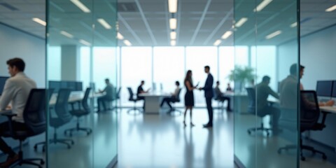 Blurred IT Team Working at Desks Behind Glass Partition