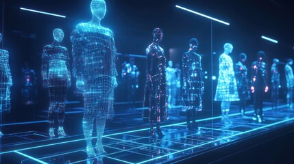 Futuristic fashion show with digital mannequins displaying virtual clothing collection