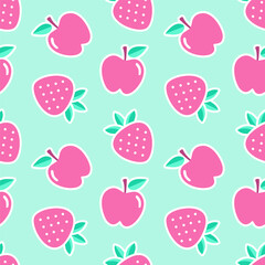 Cartoon seamless pattern of pink apples and strawberries isolated on mint background.