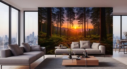 Serene Sunset in a Lush Pine Forest Wall Mural Perfect for Home Decor and Interior Design Projects